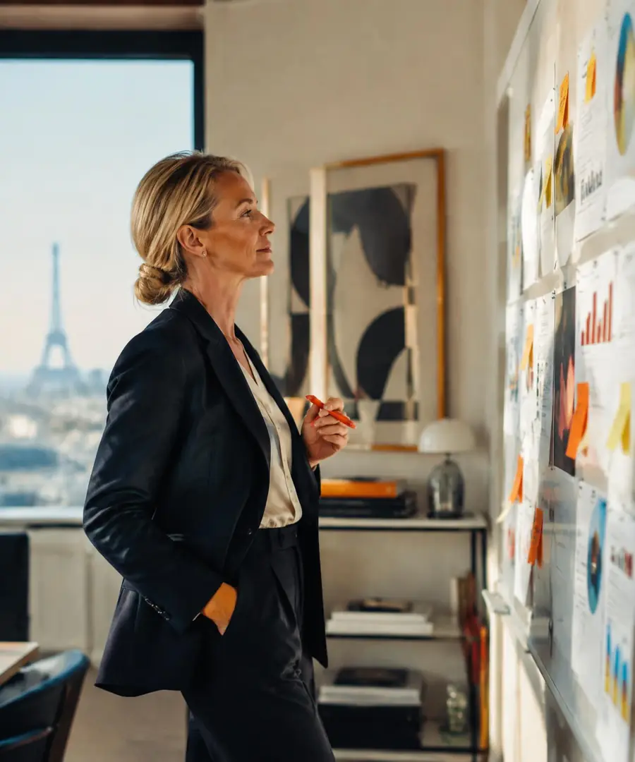 Directrice marketing externalisée analysant une feuille de route stratégique